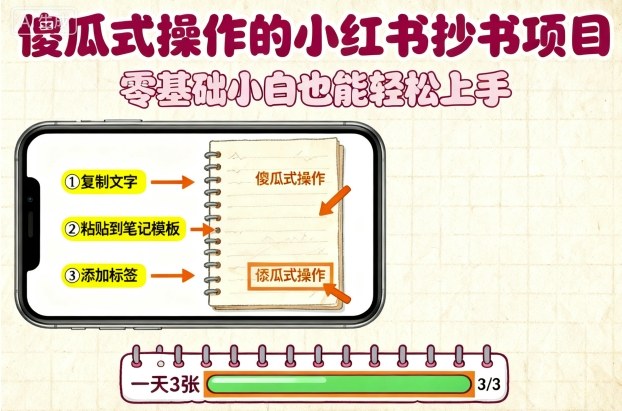 傻瓜式操作的小红书抄书项目，会复制粘贴就行，零基础小白也能一天3张-68资源