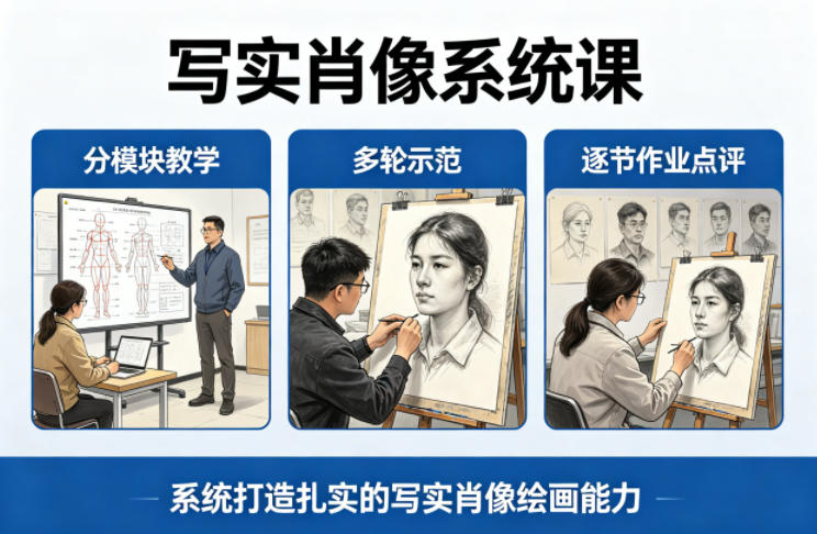 写实肖像系统课，全程分模块教学+多轮示范+逐节作业点评，系统打造扎实的写实肖像绘画能力-68资源