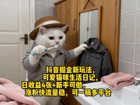 抖音掘金新玩法，可爱猫咪生活日记，日收益4张+新手可做，涨粉快流量稳，可一稿多平台-68资源
