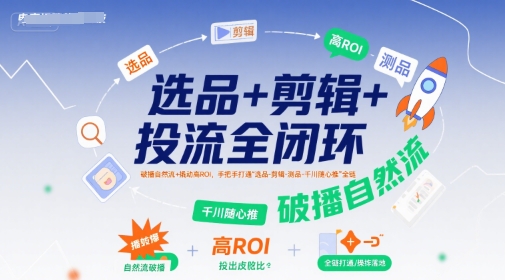 选品+剪辑+投流全闭环，破播自然流+撬动高ROI，手把手打通“选品-剪辑-测品-千川随心推”全链-68资源