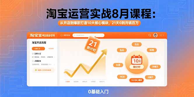 淘宝运营实战8月课程：从开店到爆款打造10大核心模块，21天0到月销百万-68资源