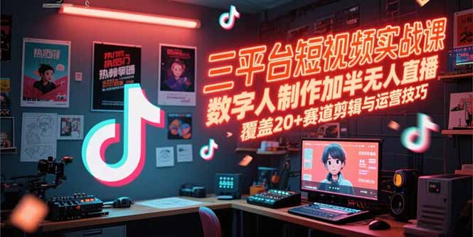 三平台短视频实战课，数字人制作加半无人直播，覆盖20+赛道剪辑与运营技巧-68资源