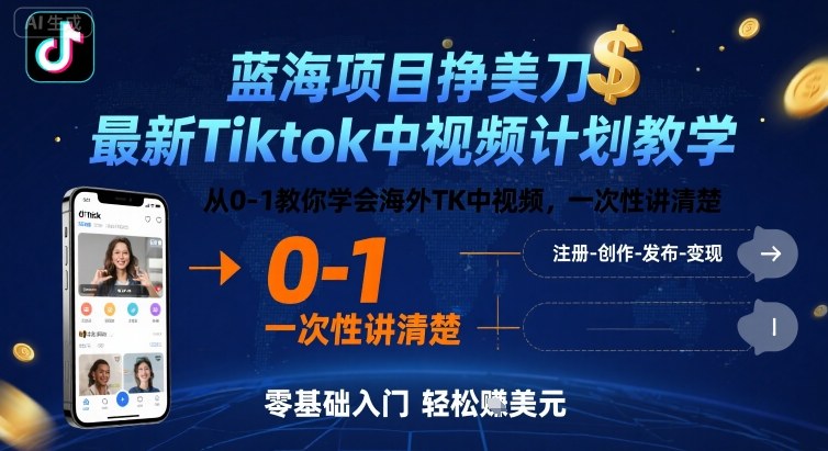 蓝海项目挣美刀，最新Tiktok中视频计划教学，从0-1教你学会海外TK中视频，一次性讲清楚-68资源