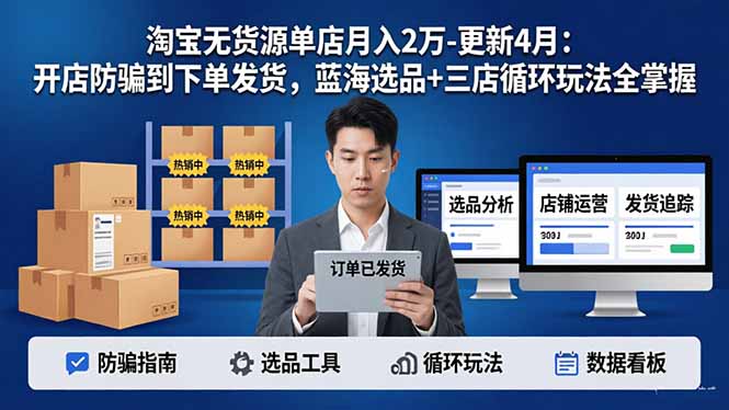 淘宝无货源5.0单店月入2万-更新4月：开店防骗到下单发货，蓝海选品+三店循环玩法全掌握-68资源
