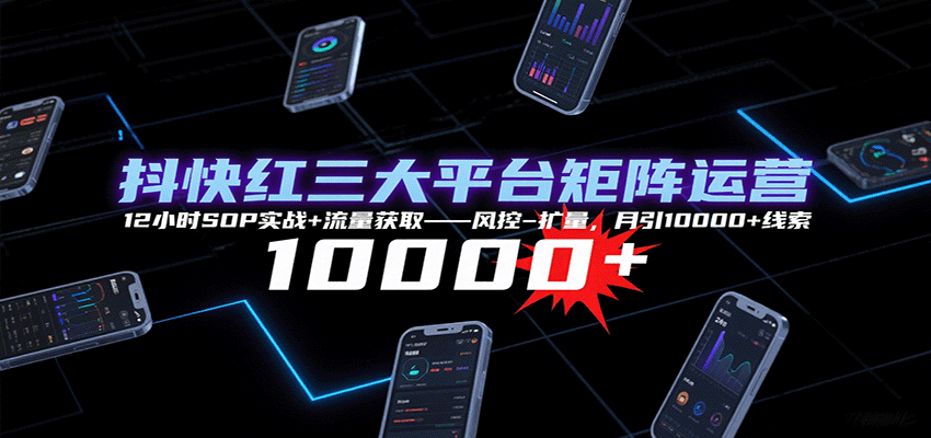 抖快红三大平台矩阵运营，12小时SOP实战+流量获取-风控-扩量，月引10000+线索-68资源