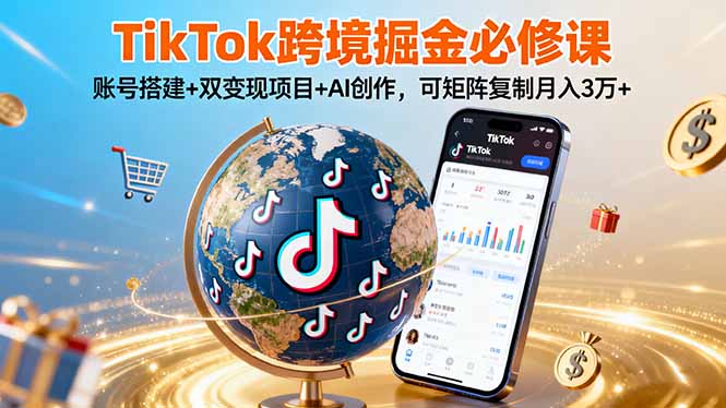 TikTo跨境掘金必修课，账号搭建+双变现项目+AI创作，可矩阵复制月入3万+-68资源