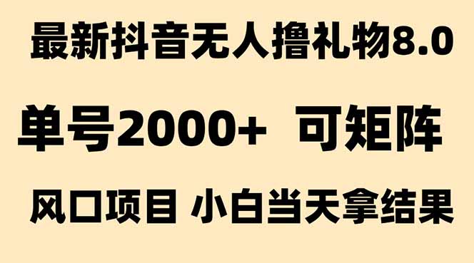 抖音无人撸礼物8.0玩法 全新风口   见效果快  全无人  单号当天产出2000+-68资源