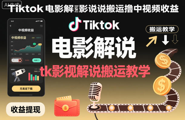 Tiktok电影解说搬运撸中视频收益，tk影视解说搬运教学-68资源
