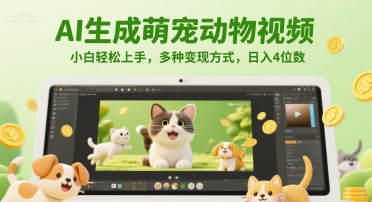 AI生成萌宠动物视频，小白轻松上手，多种变现方式，日入4位数-68资源