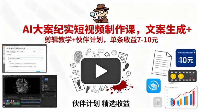 AI大案纪实短视频制作课，文案生成+剪辑教学+伙伴计划，单条收益7-10元-68资源