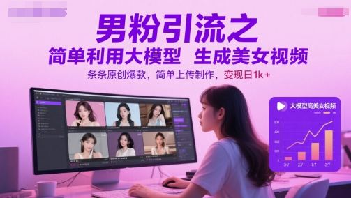 男粉引流之简单利用大模型生成美女视频，条条原创爆款，简单上传制作，变现日1k+-68资源