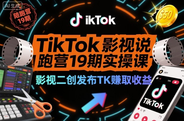 TikTok影视解说陪跑营19期实操课，影视二创发布TK賺取收益，万播收益50美金-68资源