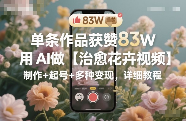 单条作品获赞83W，用AI做【治愈花卉视频】，制作+起号+多种变现，详细教程-68资源