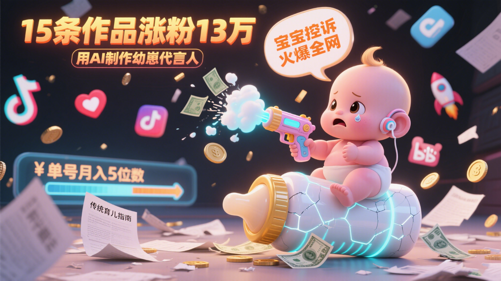 用AI制作幼崽代言人，宝宝的控诉火爆全网，15条作品涨粉13万，单号月入5位数实操教程-68资源