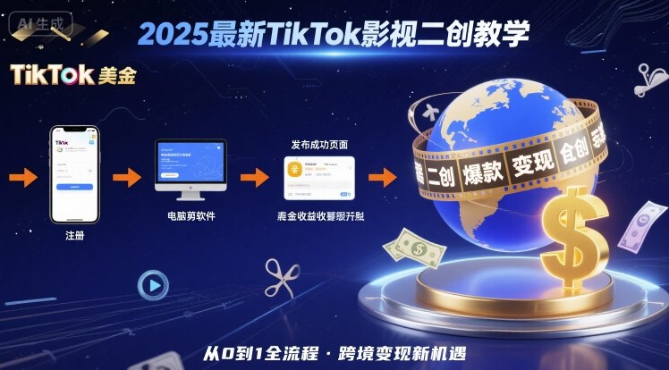 2025年最新TikTok影视二创教学，从注册到发布撸美金全流程，跨境变现新机遇-68资源