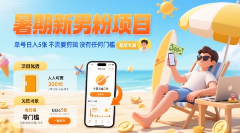 暑期新男粉项目 单号日入5张 不需要剪辑  没有任何门槛-68资源