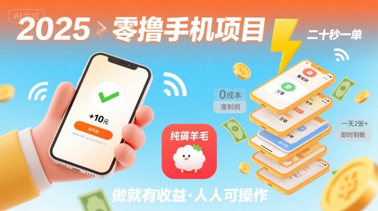 2025年零撸手机项目，二十秒一单，纯薅羊毛 一天2张+做就有-68资源