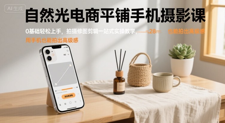 自然光电商平铺手机摄影课，0基础轻松上手，拍摄修图剪辑一站式实操教学，用手机也能拍出高级感-68资源