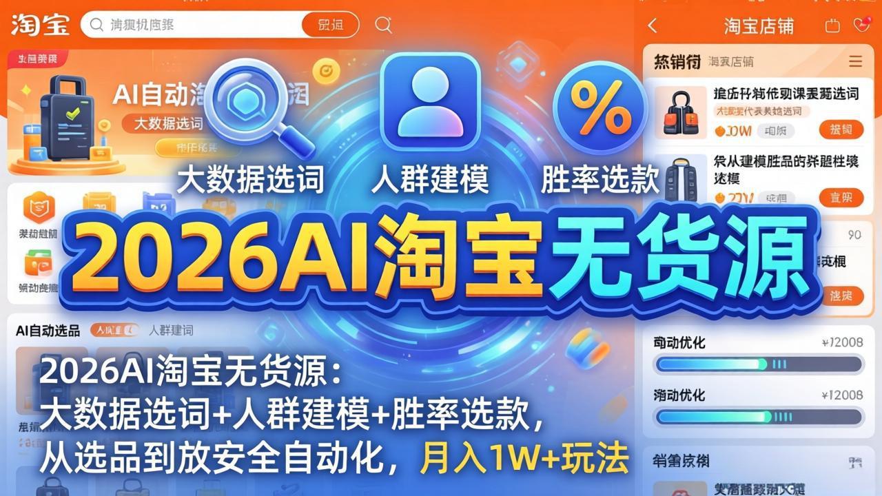 2026AI淘宝无货源：大数据选词+人群建模+胜率选款，从选品到放大全自动化，月入1W+玩法-68资源