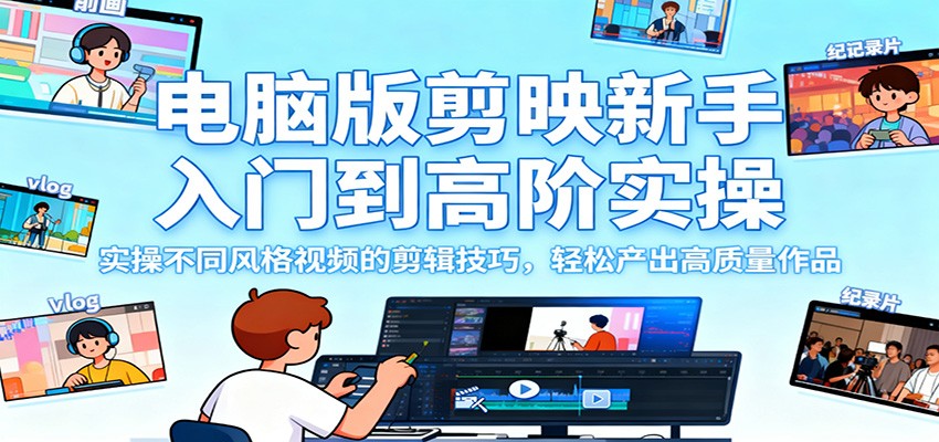 电脑版剪映新手入门到高阶实操，实操不同风格视频的剪辑技巧，轻松产出高质量作品-68资源