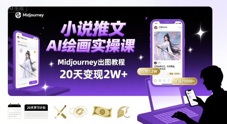小说推文干货分享之AI绘画MJ出图实操课，用Midjourney做小说推文，20天挣2w-68资源