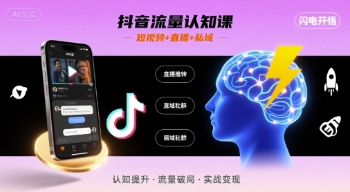 抖音流量认知课，短视频+直播+私域，认知提升，闪电开悟-68资源