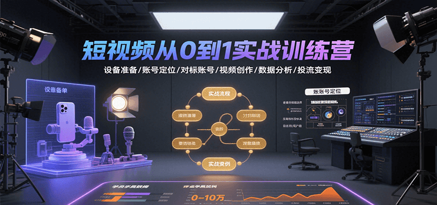 短视频从0到1实战训练营：设备准备/账号定位/对标账号/视频创作/数据分析/投流变现-68资源