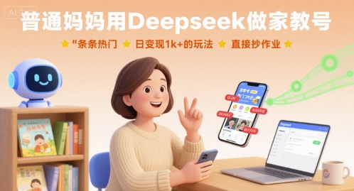 普通妈妈用Deepseek做家教号，条条热门，日变现1k+的玩法，直接抄作业-68资源