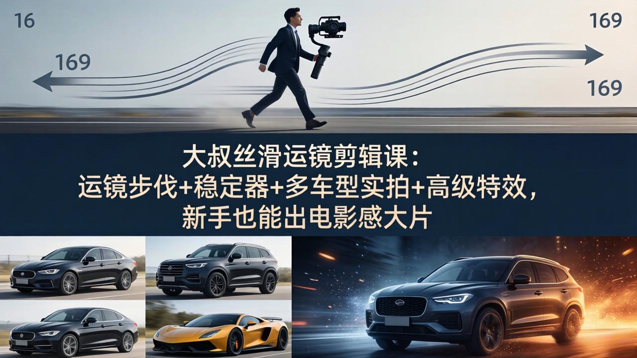 大叔丝滑运镜剪辑课：运镜步伐+稳定器+多车型实拍+高级特效，新手也能出电影感大片-68资源