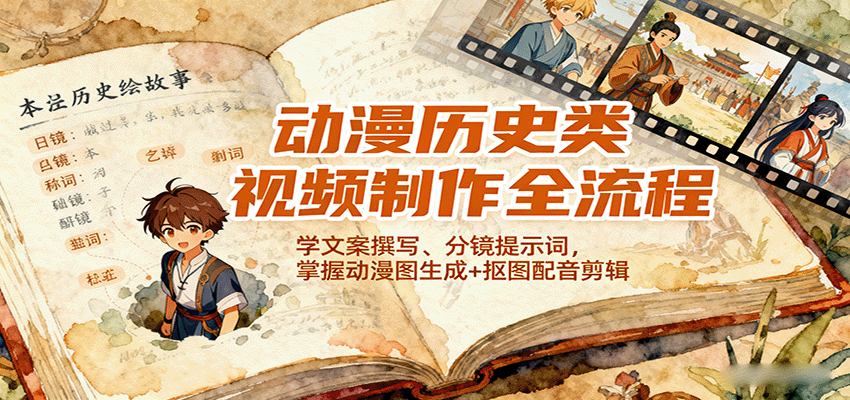 动漫历史类视频制作全流程，学文案撰写、分镜提示词，掌握动漫图生成+抠图配音剪辑-68资源