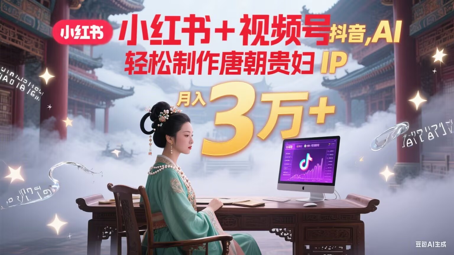 小红书+视频号+抖音，AI轻松制作唐朝贵妇IP，毒鸡汤、励志、减肥瘦身、养生赛道轻松切入，每天30分钟，轻松产出N条，月入3万+-68资源