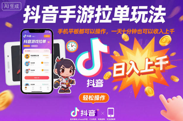 抖音手游拉单玩法，手机平板都可以操作，一天十分钟也可以收入上K【揭秘】-68资源