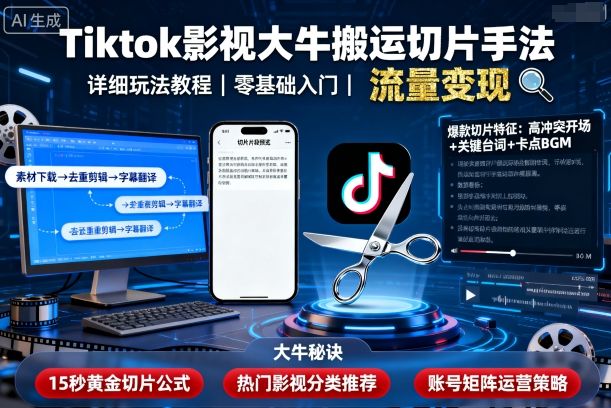 Tiktok影视大牛搬运切片手法，详细玩法教程-68资源