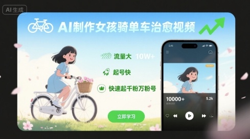 AI制作女孩骑单车治愈视频，流量大，起号快，快速起千粉万粉号-68资源