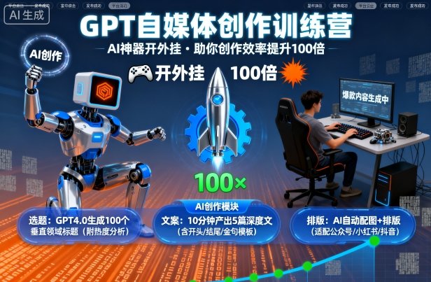GPT自媒体创作训练营：AI神器开外挂，助你创作效率提升100倍-68资源