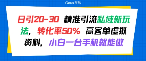 日引 20-30 精准引流私域新玩法，转化率50% 高客单虚拟资料，小白一台手机就能做-68资源