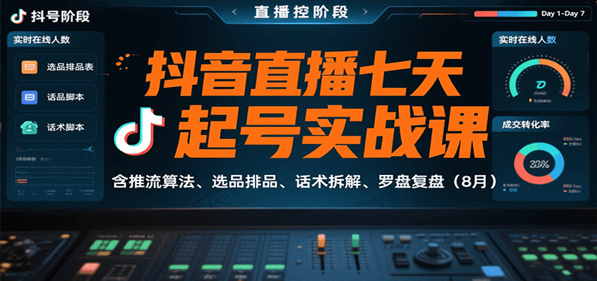 抖音直播七天起号实战课：含推流算法、选品排品、话术拆解、罗盘复盘(8月)-68资源