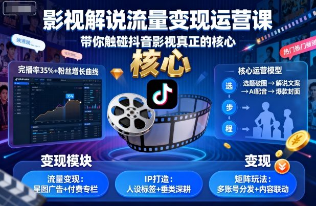 影视解说流量变现运营课，带你触碰抖音影视真正的核心-68资源