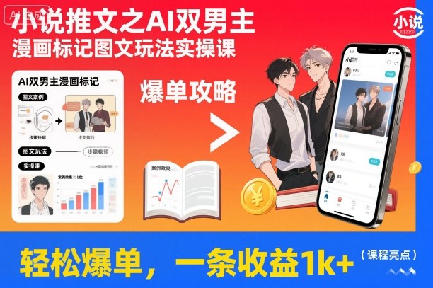 小说推文之AI双男主漫画标记图文玩法实操课，轻松爆单，一条收益1k+-68资源