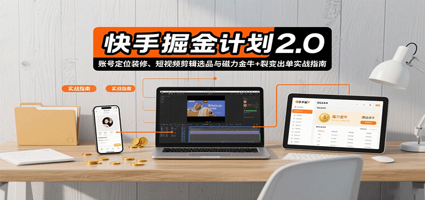 快手掘金计划2.0，账号定位装修、短视频剪辑选品与磁力金牛+裂变出单实战指南-68资源