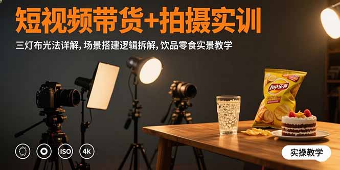 短视频带货+拍摄实训：三灯布光法详解,场景搭建逻辑拆解,饮品零食实景教学-68资源