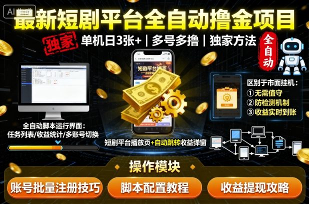 最新短剧平台全自动挂G撸金项目，单机一天3张+，多号多撸，区别于市面所有挂机项目，独家方法【揭秘】-68资源