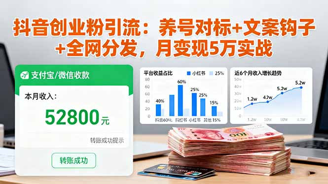 抖音创业粉引流：养号对标+文案钩子+全网分发，月变现5万实战-68资源