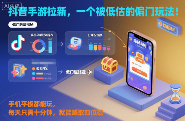 抖音手游拉新，一个被低估的偏门玩法！手机平板都能玩，每天只需十分钟，就能賺取四位数【揭秘】-68资源